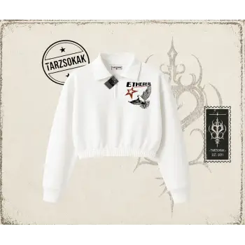 Unisex Ethereal Kadın Crop Polo Yaka Yarım Fermuarlı Sweatshirt Beyaz