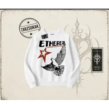 Unisex Ethereal Oversize Unisex Bisiklet Yaka Sweatshirt Beyaz