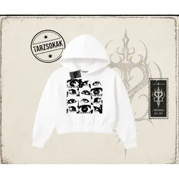 Unisex Eyes World Wide Kadın Crop Kapşonlu Sweatshirt Beyaz