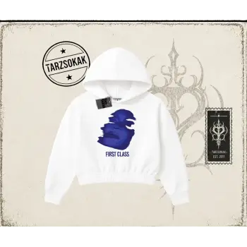 Unisex First Class Kadın Crop Kapşonlu Sweatshirt Beyaz