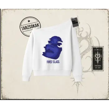 Unisex First Class Kadın Kayık Yaka Sweatshirt Beyaz