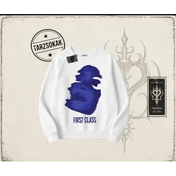 Unisex First Class Oversize Unisex Bisiklet Yaka Sweatshirt Beyaz