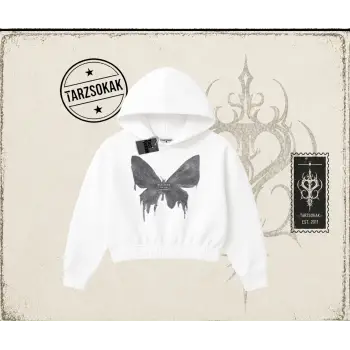 Unisex Fly Zone Kadın Crop Kapşonlu Sweatshirt Beyaz
