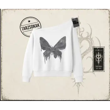 Unisex Fly Zone Kadın Kayık Yaka Sweatshirt Beyaz