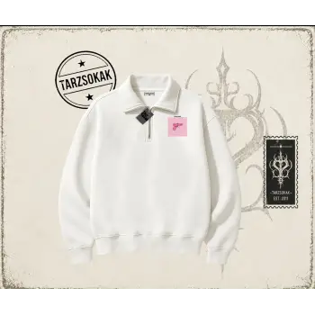 Unisex Gang Gang Unisex Polo Yaka Yarım Fermuarlı Sweatshirt Beyaz