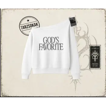 Unisex Gods Favorite Kadın Kayık Yaka Sweatshirt Beyaz