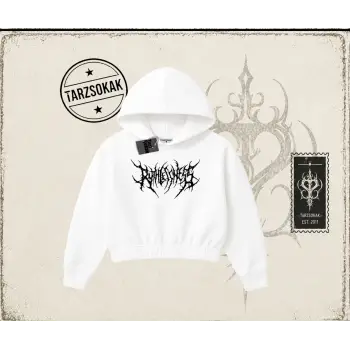 Unisex Gothic Ruthless Kadın Crop Kapşonlu Sweatshirt Beyaz