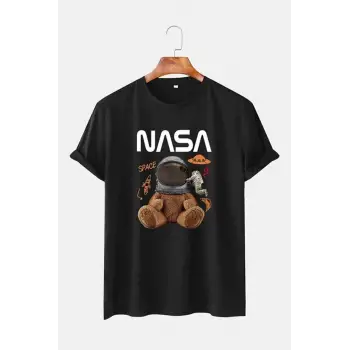 Unisex Gri Ayıcık Nasa Baskılı Tshirt
