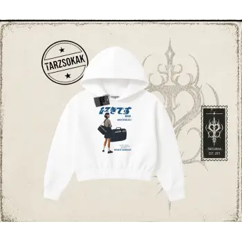 Unisex Harajuku Girl Kadın Crop Kapşonlu Sweatshirt Beyaz