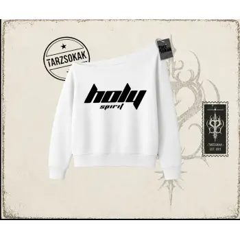 Unisex Holy Spirit Kadın Kayık Yaka Sweatshirt Beyaz
