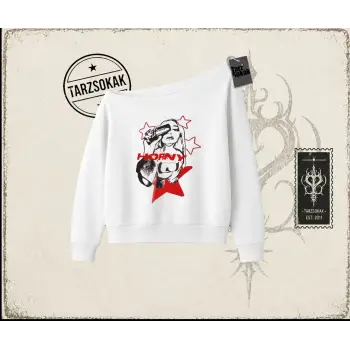 Unisex Horny Star Kadın Kayık Yaka Sweatshirt Beyaz
