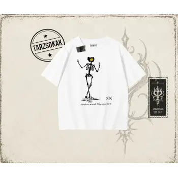 Unisex Iskelet Cactus Oversize Unisex Tişört Beyaz