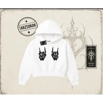 Unisex İskelet El Kadın Crop Kapşonlu Sweatshirt Beyaz