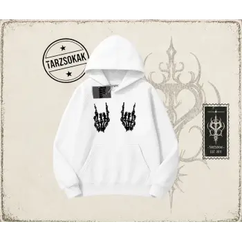 Unisex İskelet El Oversize Unisex Kapşonlu Sweatshirt Beyaz