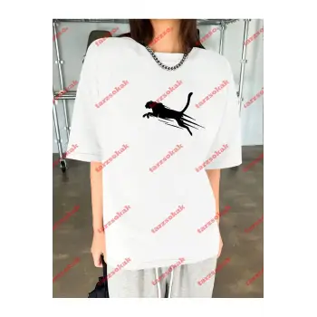 Unisex jaguar Baskılı Tshirt Beyaz