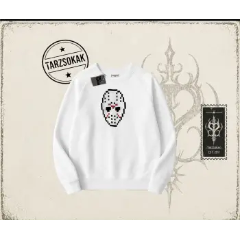 Unisex Jason Voorhees Mask Oversize Unisex Bisiklet Yaka Sweatshirt Beyaz