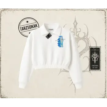 Unisex Journey Kadın Crop Polo Yaka Yarım Fermuarlı Sweatshirt Beyaz