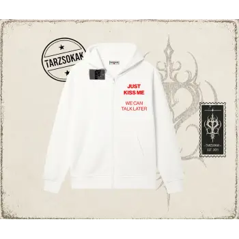 Unisex Just Kiss Me Oversize Unisex Hırka & Çeket Fermuarlı Sweatshirt Beyaz