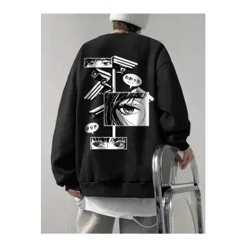 Unisex Kadın/Erkek Siyah Anime Oversize Bisiklet Yaka Pamuklu Sweatshirt