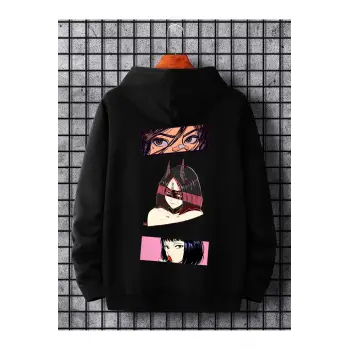 Unisex Kadın/Erkek Siyah ANİME TOP Sırt Baskılı Oversize Kapüşonlu Sweatshirt
