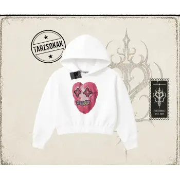 Unisex Kalp Kadın Crop Kapşonlu Sweatshirt Beyaz
