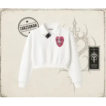 Unisex Kalp Kadın Crop Polo Yaka Yarım Fermuarlı Sweatshirt Beyaz
