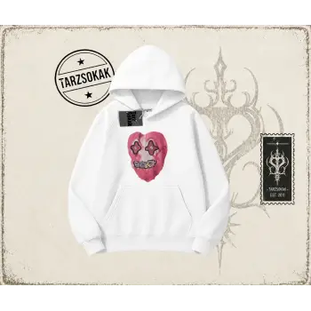 Unisex Kalp Oversize Unisex Kapşonlu Sweatshirt Beyaz