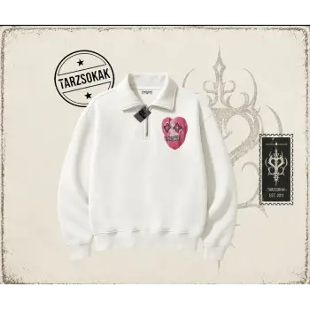Unisex Kalp Unisex Polo Yaka Yarım Fermuarlı Sweatshirt Beyaz