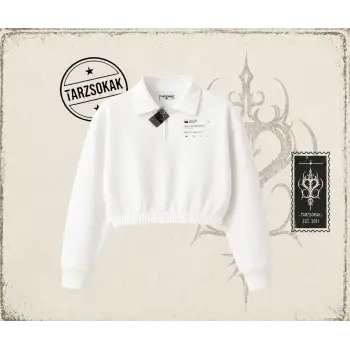 Unisex Kanye Tweet Kadın Crop Polo Yaka Yarım Fermuarlı Sweatshirt Beyaz