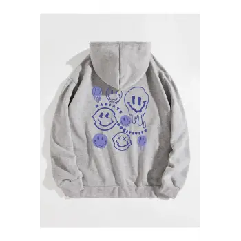Unisex Kapüşonlu Radiate Baskılı Oversize Kapüşonlu Sweatshirt Gri