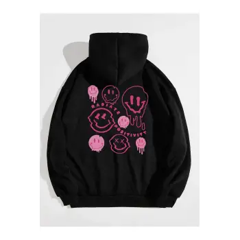 Unisex Kapüşonlu Radiate Baskılı Oversize Kapüşonlu Sweatshirt Siyah