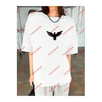 Unisex Kartal Baskılı Tshirt Beyaz