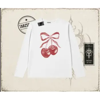 Unisex Kiraz Kurdele Tram Biskilet Yaka  Long Sleeve Beyaz
