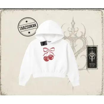 Unisex Kiraz Kurdele Tram Kadın Crop Kapşonlu Sweatshirt Beyaz
