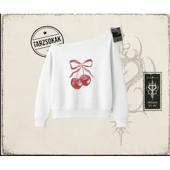 Unisex Kiraz Kurdele Tram Kadın Kayık Yaka Sweatshirt Beyaz