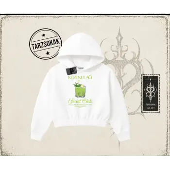 Unisex Kuzu Kulağı Kadın Crop Kapşonlu Sweatshirt Beyaz