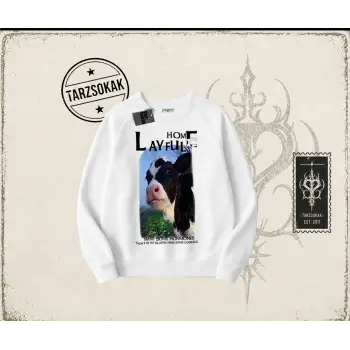 Unisex Layful Oversize Unisex Bisiklet Yaka Sweatshirt Beyaz