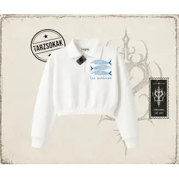 Unisex Les Sardines Kadın Crop Polo Yaka Yarım Fermuarlı Sweatshirt Beyaz