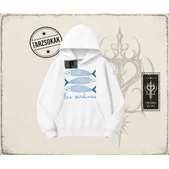 Unisex Les Sardines Oversize Unisex Kapşonlu Sweatshirt Beyaz