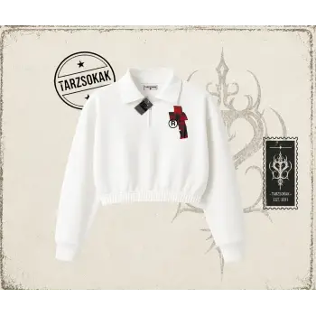 Unisex Lip R Kadın Crop Polo Yaka Yarım Fermuarlı Sweatshirt Beyaz