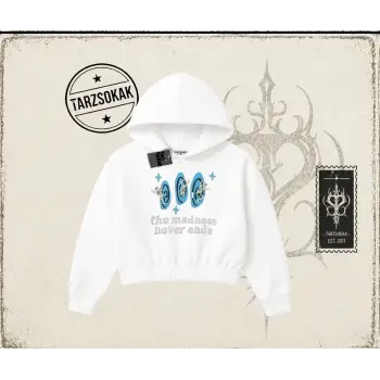 Unisex Madness Never Ends Kadın Crop Kapşonlu Sweatshirt Beyaz