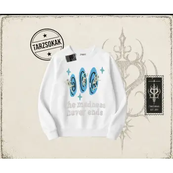 Unisex Madness Never Ends Oversize Unisex Bisiklet Yaka Sweatshirt Beyaz