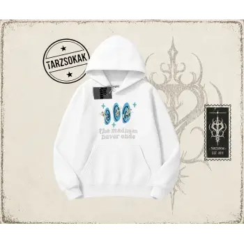 Unisex Madness Never Ends Oversize Unisex Kapşonlu Sweatshirt Beyaz