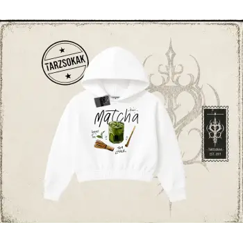 Unisex Matcha Kadın Crop Kapşonlu Sweatshirt Beyaz