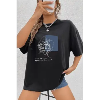 Unisex Minimal Line Drawing Baskılı T-shirt