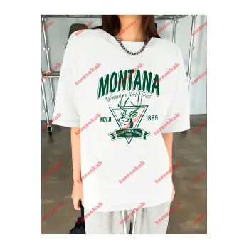 Unisex Montana  Baskılı Tshirt Beyaz