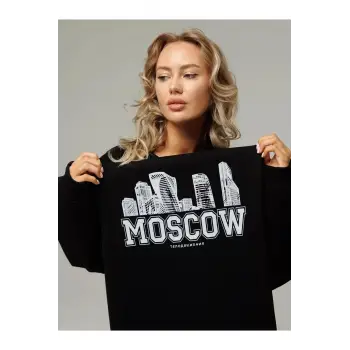 Unisex Moscow Bisiklet Yaka Sweatshirt Siyah