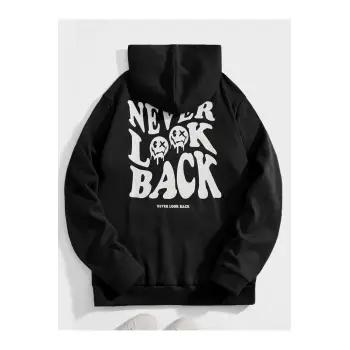 Unisex Never Baskılı Oversize Kapüşonlu Pamuklu Sweatshirt MAVİRENK