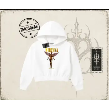 Unisex Nirvana Angel Kadın Crop Kapşonlu Sweatshirt Beyaz