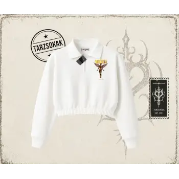 Unisex Nirvana Angel Kadın Crop Polo Yaka Yarım Fermuarlı Sweatshirt Beyaz